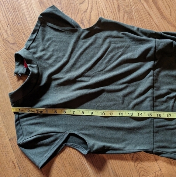 Guess‎ Small Olive Green Fitted Dress w/ a Faux Wrap Skirt & Ruching - Picture 10 of 12